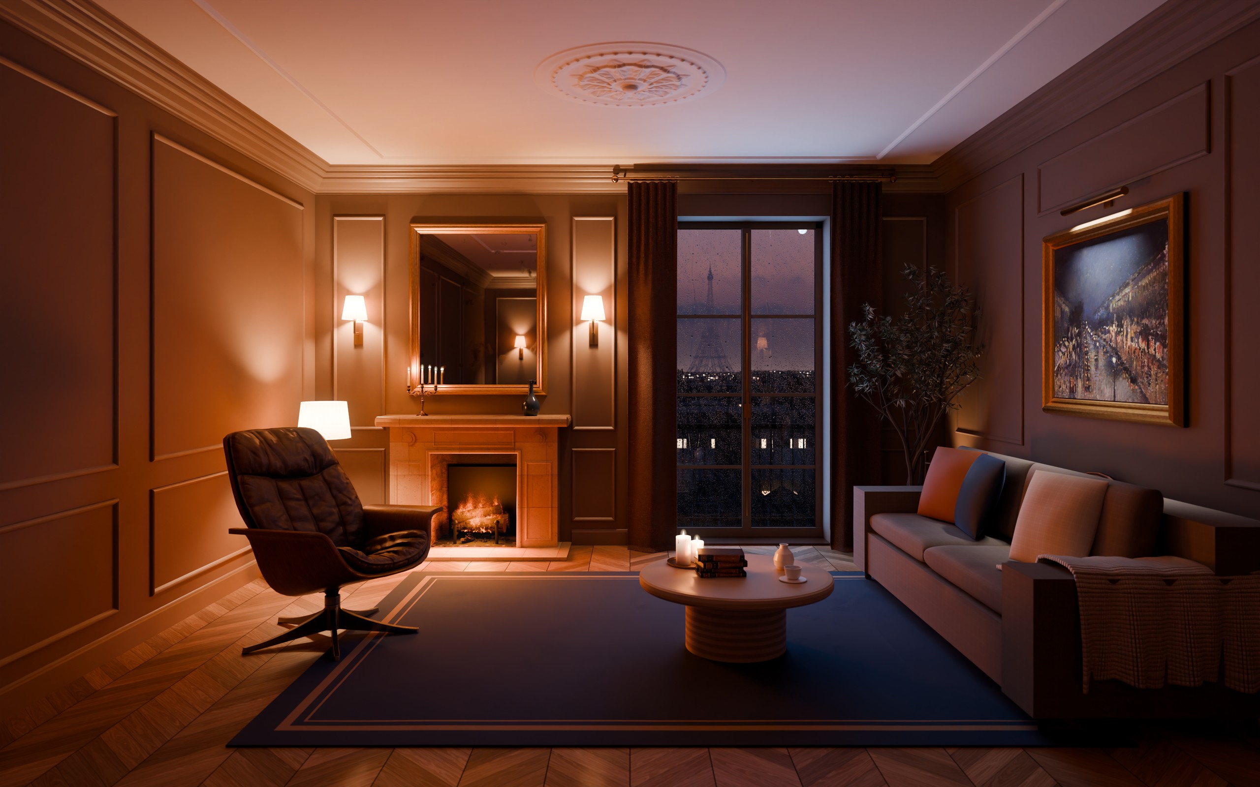 Salon d’un appartement parisien après rénovation clé en main : cheminée en marbre, miroir, parquet en point de Hongrie, hautes fenêtres avec vue sur Paris