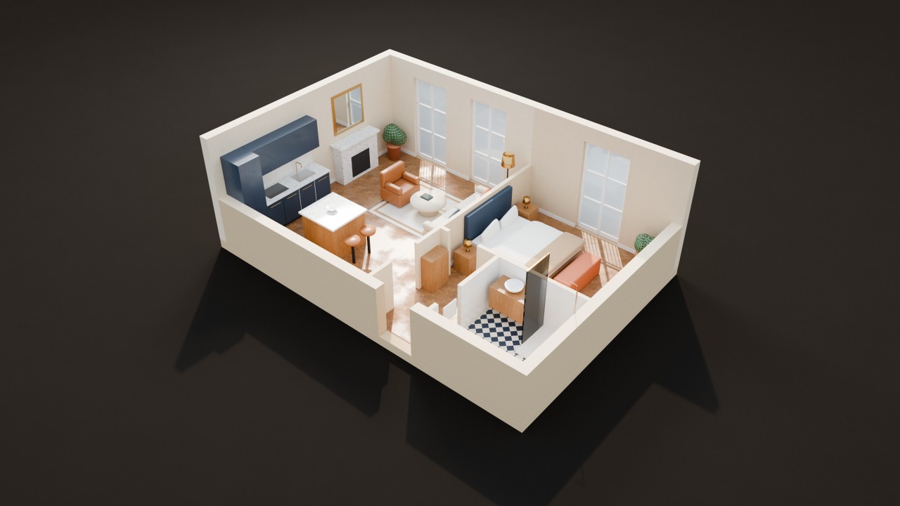 Rénovation d’appartement clé en main à Paris : maquette 3D en coupe de l’appartement rénové — cuisine avec îlot, salon avec cheminée, chambre, salle de bains, parquet