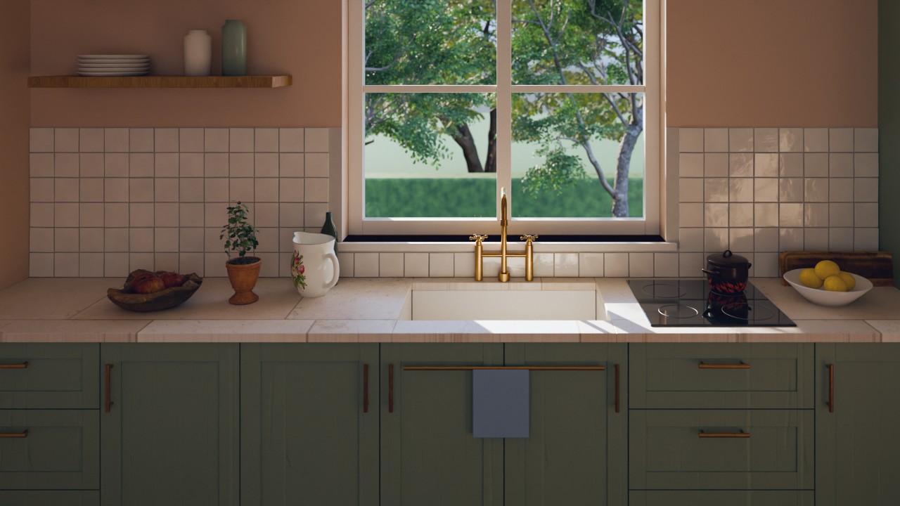 Rénovation de cuisine à Paris : façades shaker vert sauge et poignées en laiton, plan de travail en marbre calacatta, carrelage blanc, robinet en laiton sous une haute fenêtre sur une cour parisienne