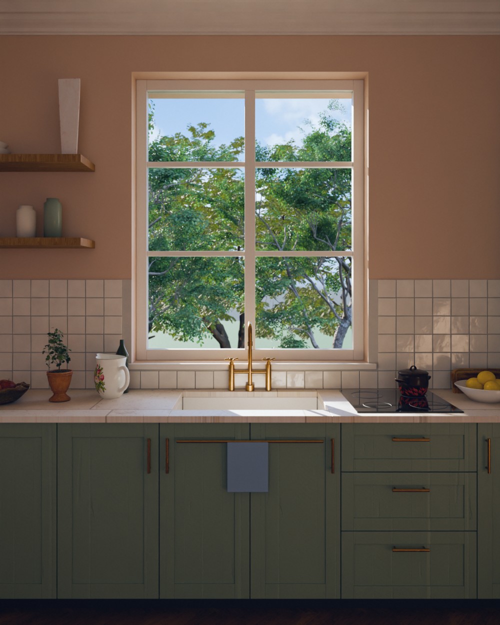 Rénovation de cuisine à Paris : façades shaker vert sauge et poignées en laiton, plan de travail en marbre calacatta, carrelage blanc, robinet en laiton sous une haute fenêtre sur une cour parisienne