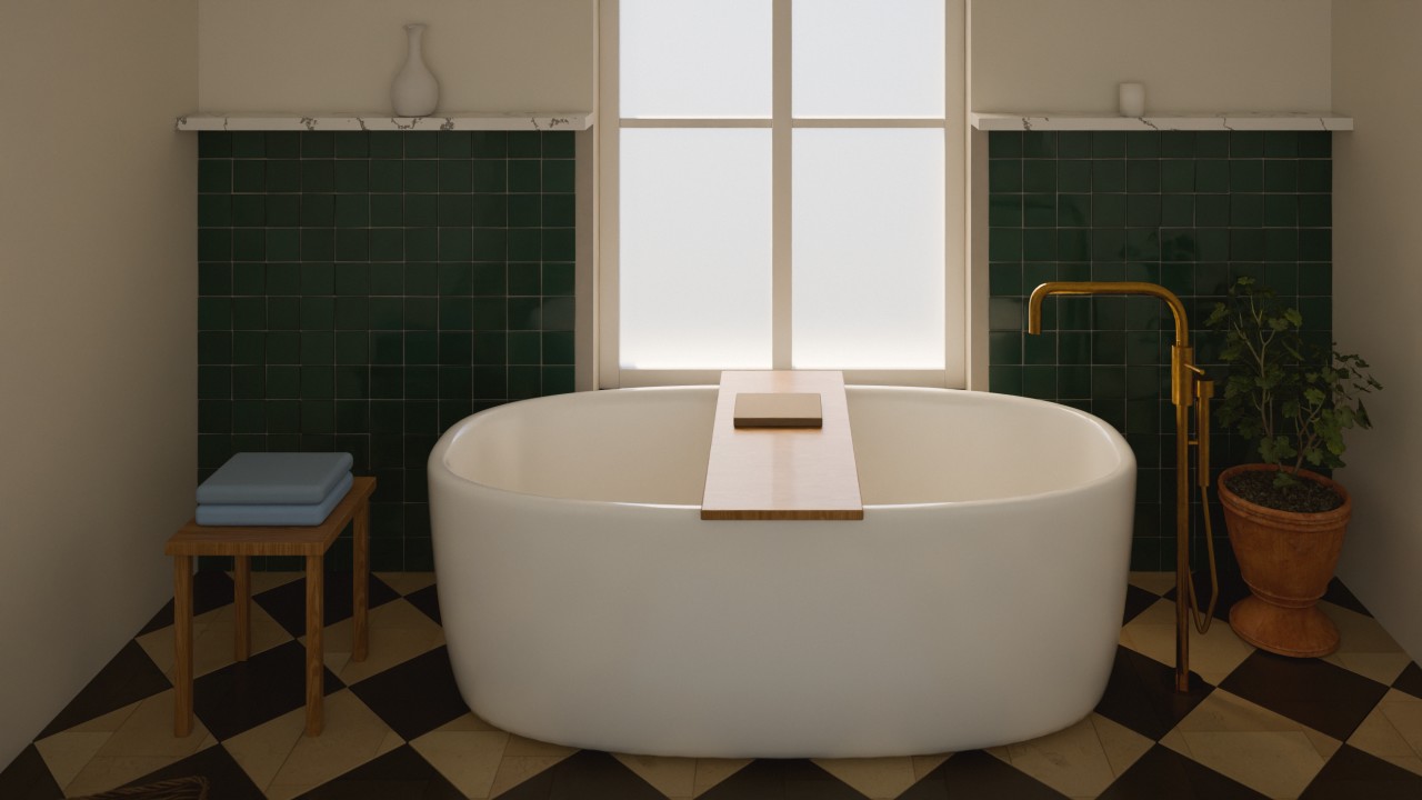 Rénovation de salle de bain : baignoire îlot devant une fenêtre dépolie, robinetterie en laiton, zellige vert, murs céladon, sol en damier de marbre