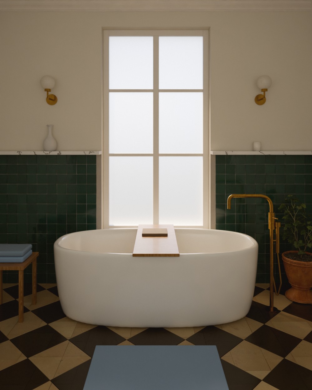 Rénovation de salle de bain : baignoire îlot devant une fenêtre dépolie, robinetterie en laiton sur pied, zellige vert, murs céladon, sol en damier de marbre
