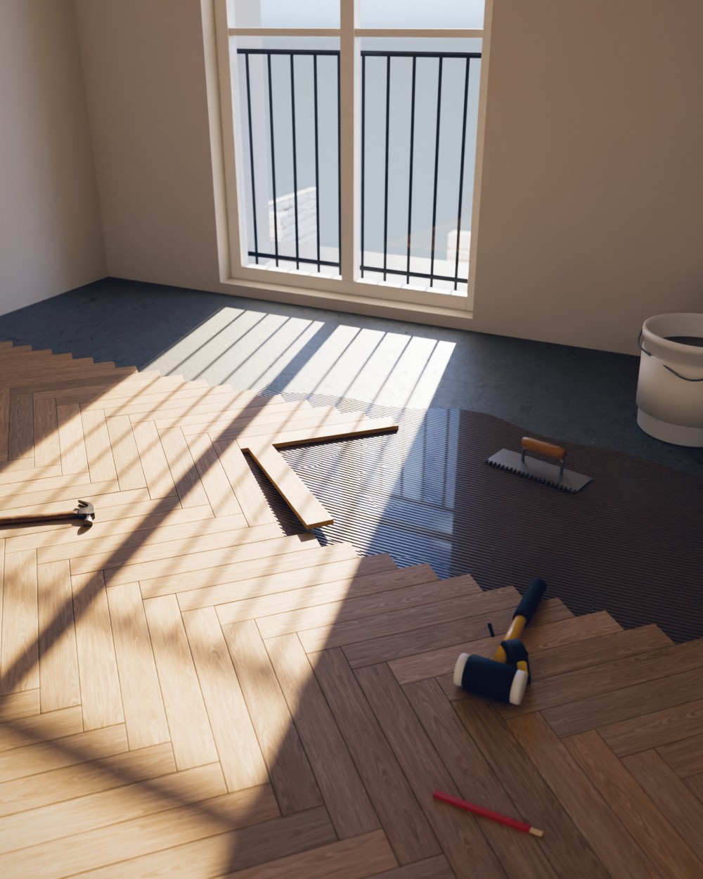 Pose de parquet chêne en point de Hongrie, collé, dans un appartement parisien : bord net des lames posées, spatule crantée, maillet, crayon ; toits de zinc par la fenêtre