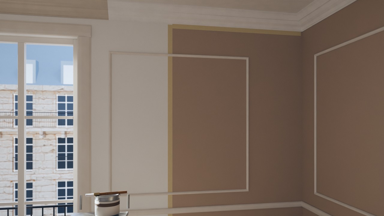 Peinture des murs et plafonds dans un appartement parisien : mur à moitié peint en ton sable chaud avec une ligne nette au ruban de masquage, l’autre moitié en sous-couche, corniche repeinte, escabeau et rouleau dans son bac