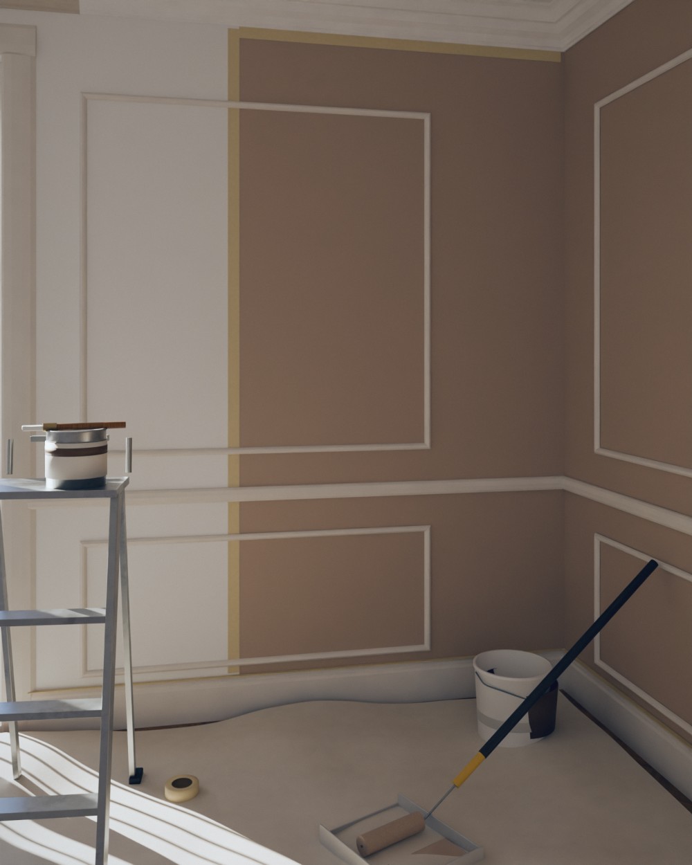 Peinture des murs et plafonds dans un appartement parisien : mur à moitié peint en ton sable chaud avec une ligne nette au ruban de masquage, l’autre moitié en sous-couche, corniche repeinte, escabeau et rouleau dans son bac