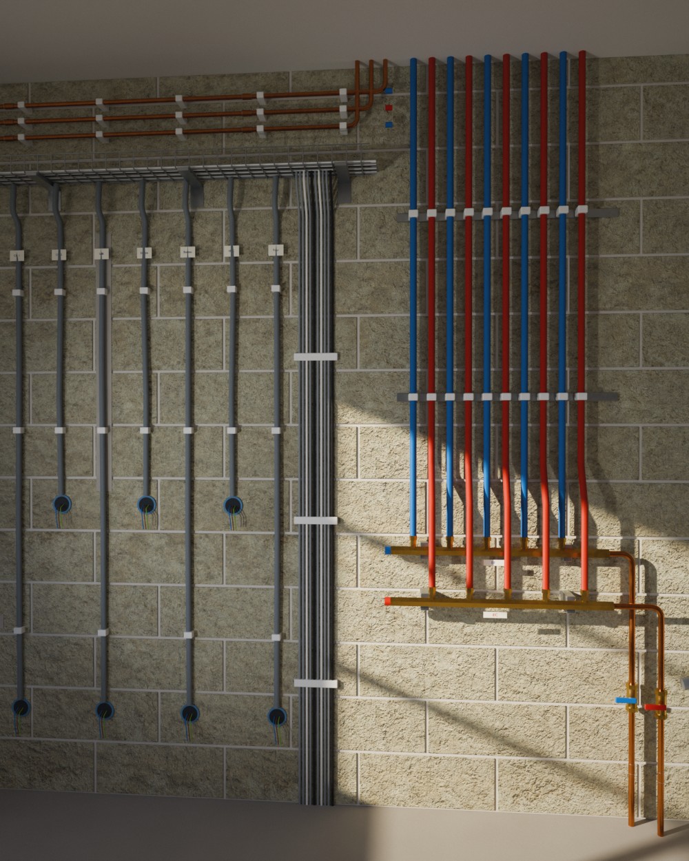 Rénovation électrique et plomberie avant finitions : chemin de câbles, gaines ICTA grises vers les boîtes d’encastrement, collecteurs et tubes PER rouges et bleus parallèles, lignes en cuivre fixées au mur