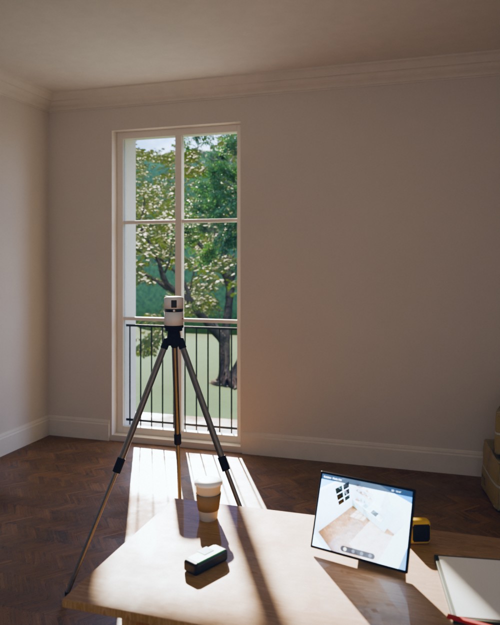 Scan 3D d’un appartement à Paris : scanner sur trépied dans une pièce aux murs clairs, moulures et parquet ; sur la table, une tablette avec la maquette 3D de l’appartement, verdure d’un parc par la fenêtre