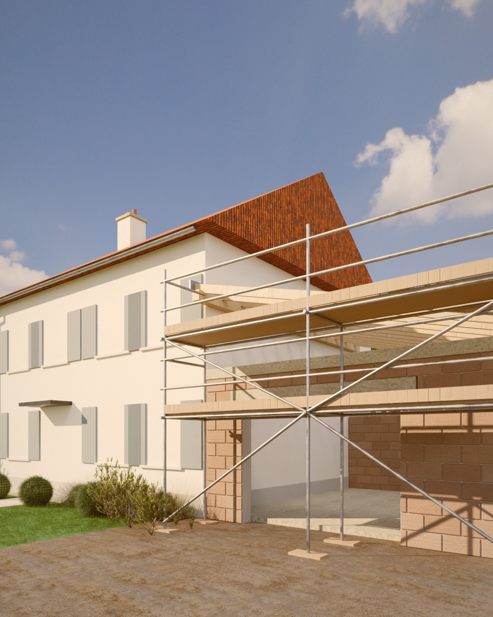 Extension de maison en Île-de-France : contre la façade enduite blanche aux volets gris, une nouvelle aile en blocs s’élève — grande baie avec linteau, chevrons de toiture mono-pente, échafaudage